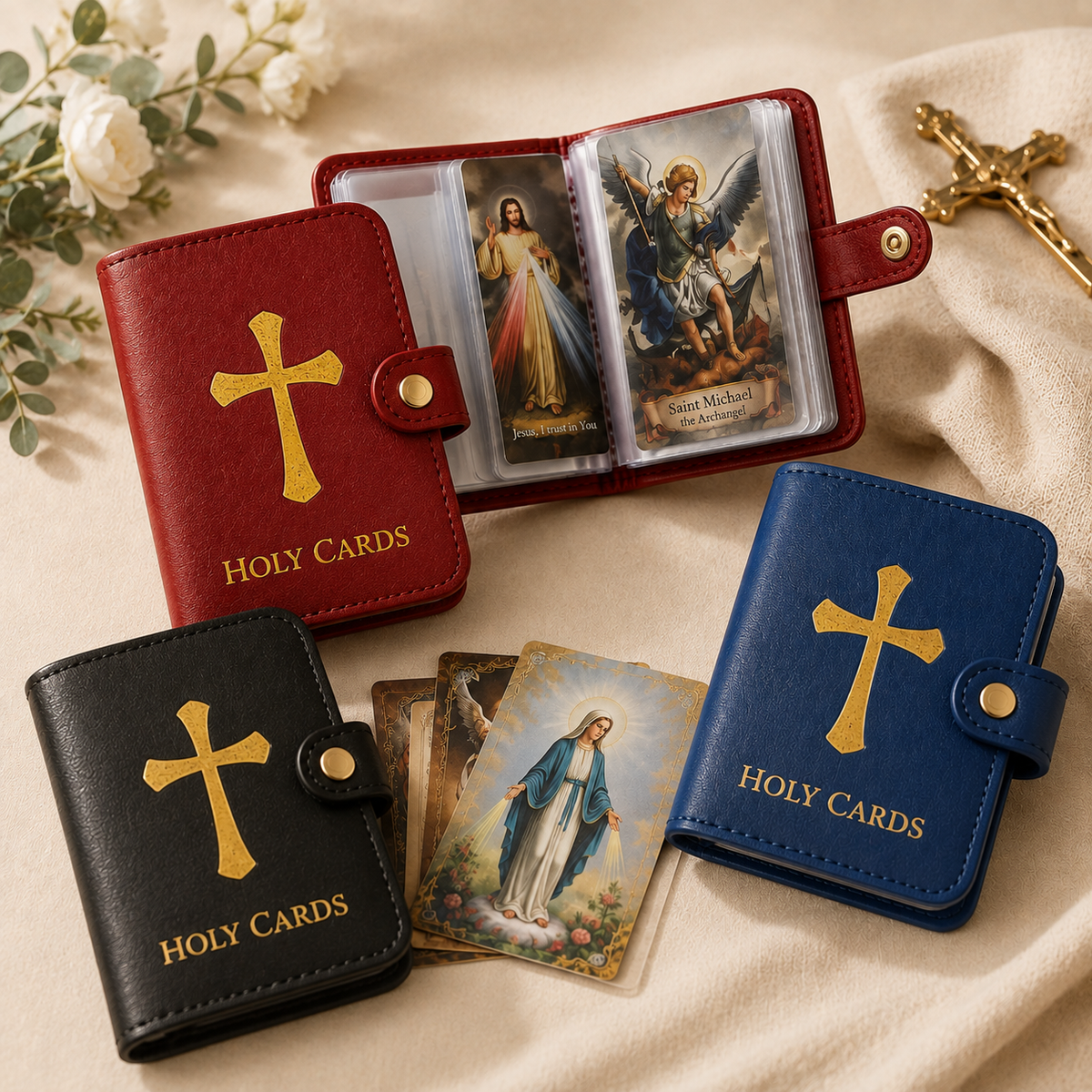 ✝️ Catholic Genuine Leather Holy Card Holder – Pocket Prayer Card Organizer with Snap Closure