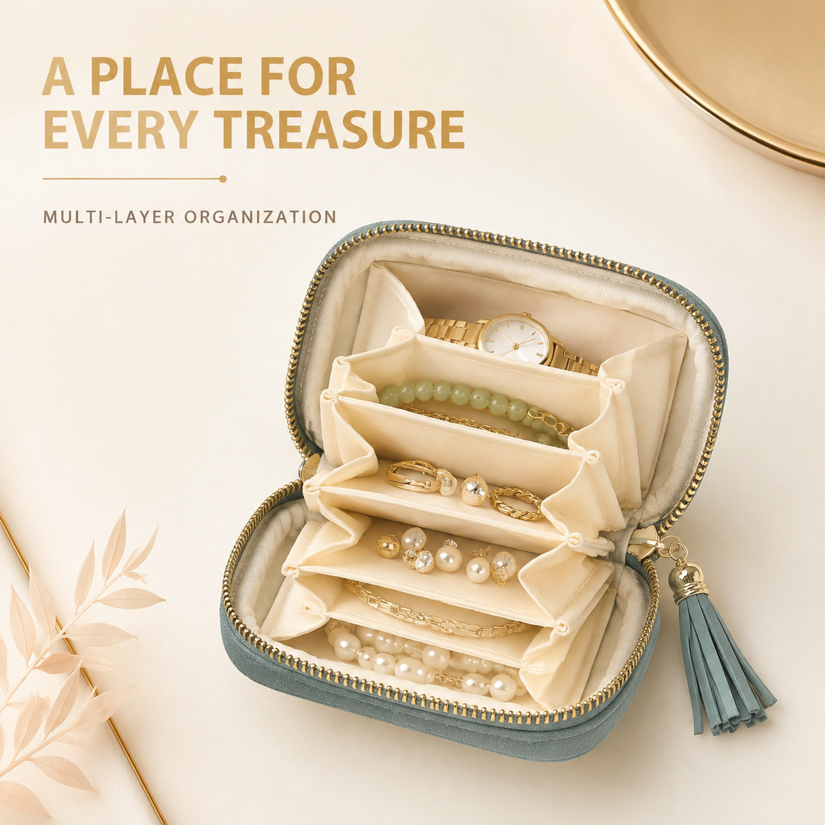 💎 Luxe Velvet Travel Jewelry Organizer – 5-Compartment Tangle-Free Storage Bag with Secure Tassel Zipper ✨