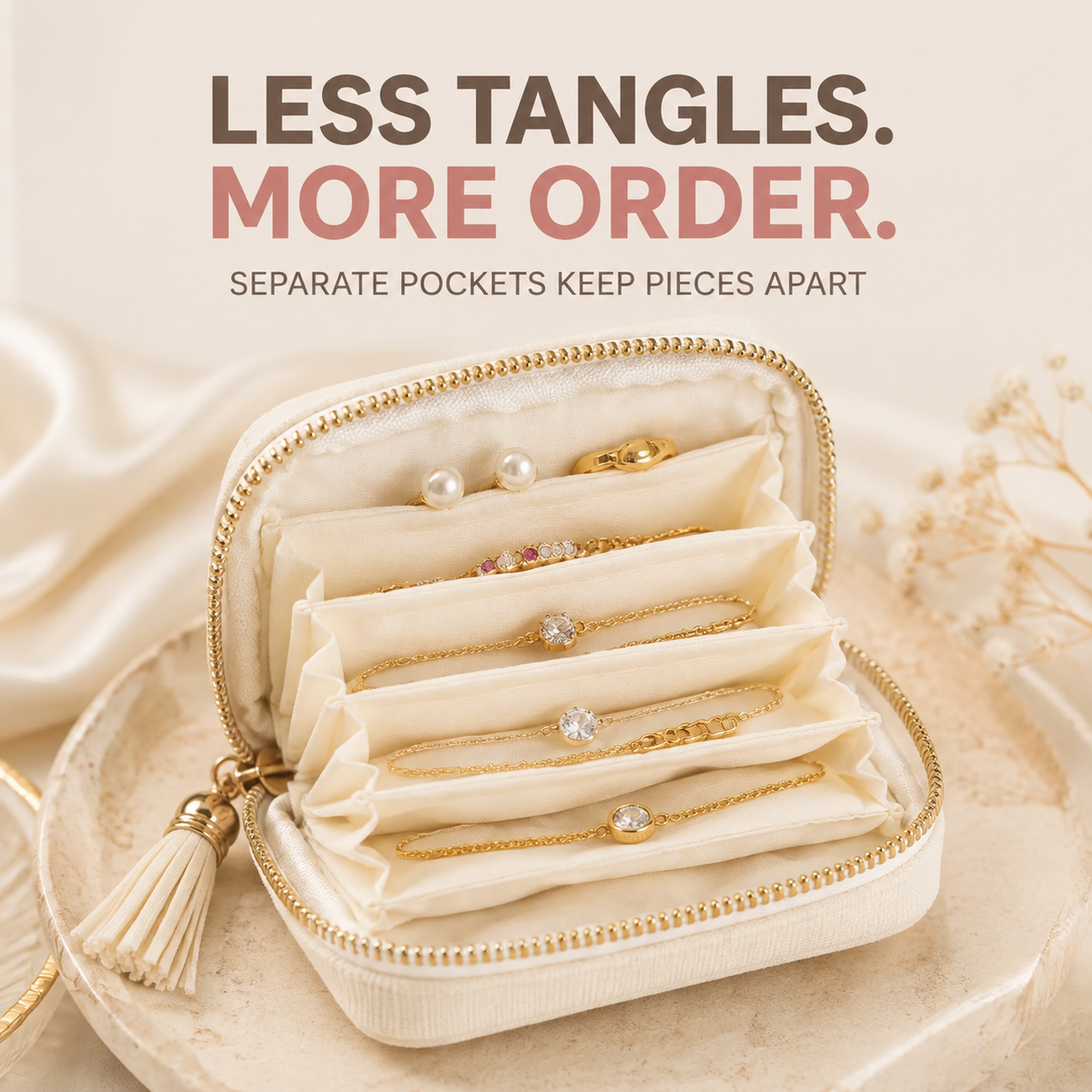 💎 Luxe Velvet Travel Jewelry Organizer – 5-Compartment Tangle-Free Storage Bag with Secure Tassel Zipper ✨